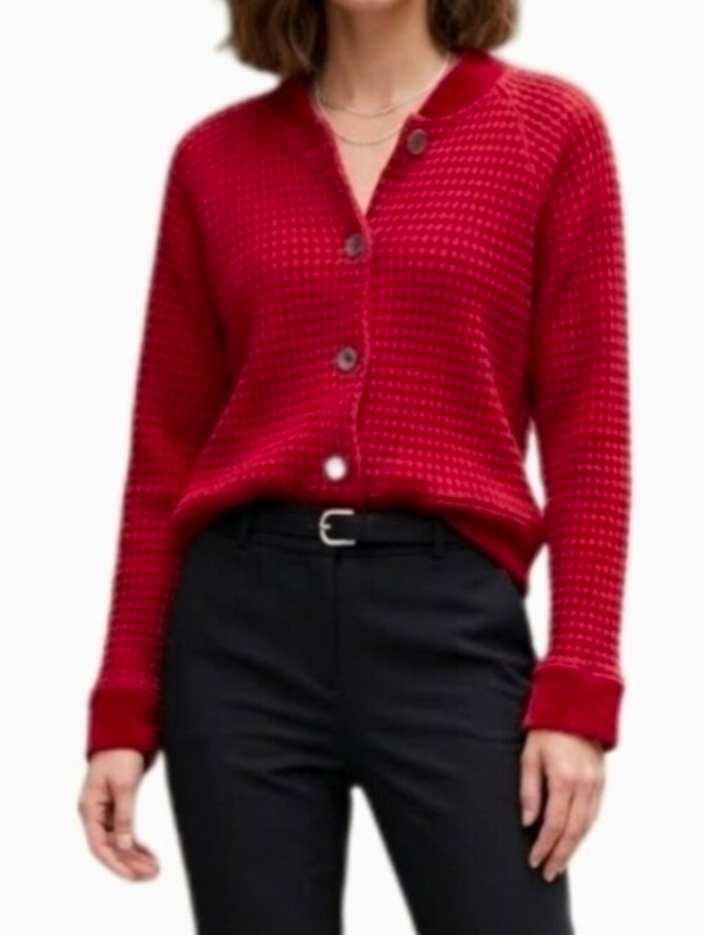Mododoc Cardigan Soft Waffle Knit Button Up Red Size S